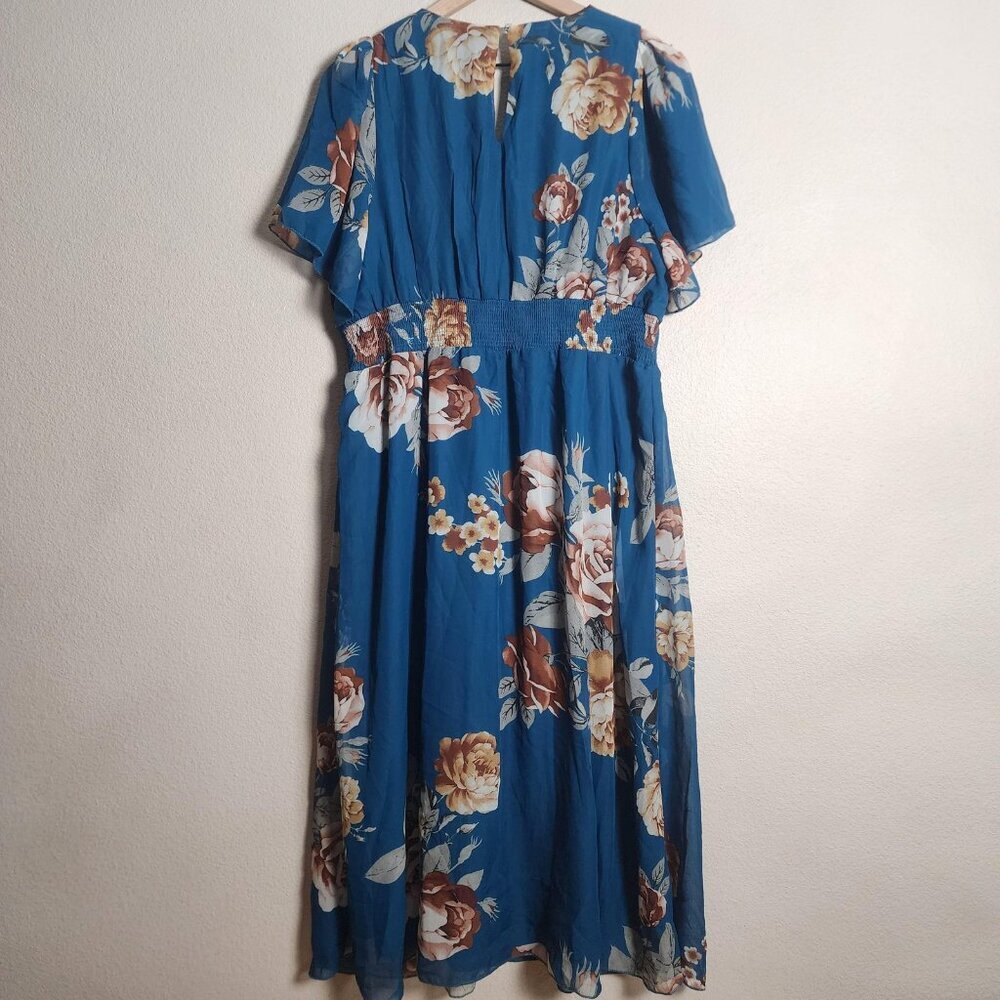 Baltic Born Sarah Dress Womens 1X Blue Floral Smocked Midi Wrap Chiffon NWT - Picture 10 of 13